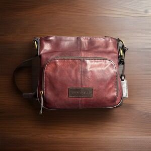 Tignanello Leather Crossbody Purse Burgundy Bag‎ Zipper Wallet Pocket Brass